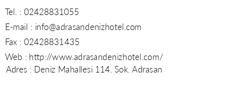 Adrasan Deniz Hotel telefon numaralar, faks, e-mail, posta adresi ve iletiim bilgileri
